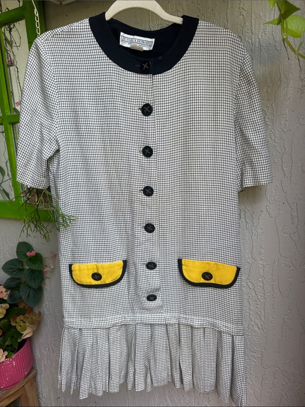 Jessica Howard Black and White Check Mini Dress with Yellow Pocket Accents